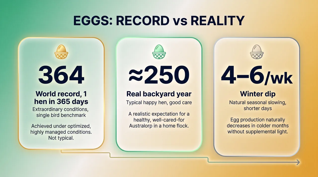 Infographic comparing the Australorp egg record of 364 with the realistic backyard average of about 250 and the winter dip
