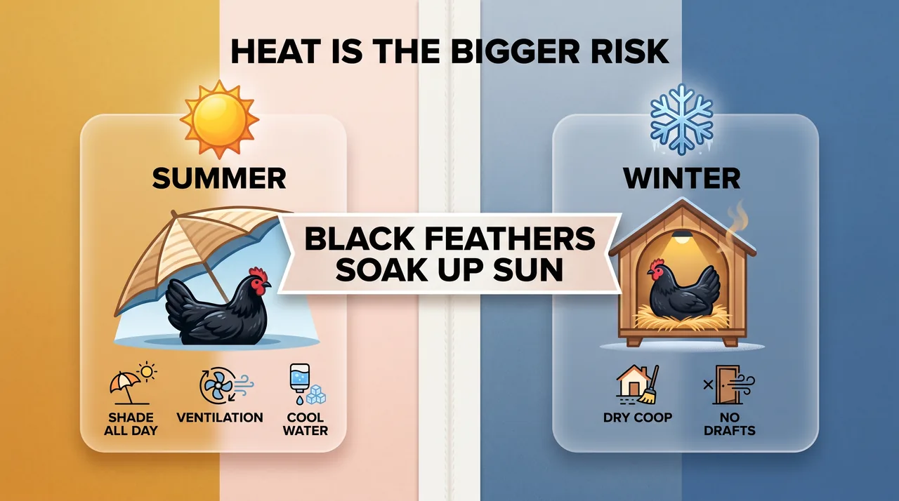 Two-panel infographic showing Australorp summer care (shade, ventilation, cool water) versus winter care (dry, draft-free coop)