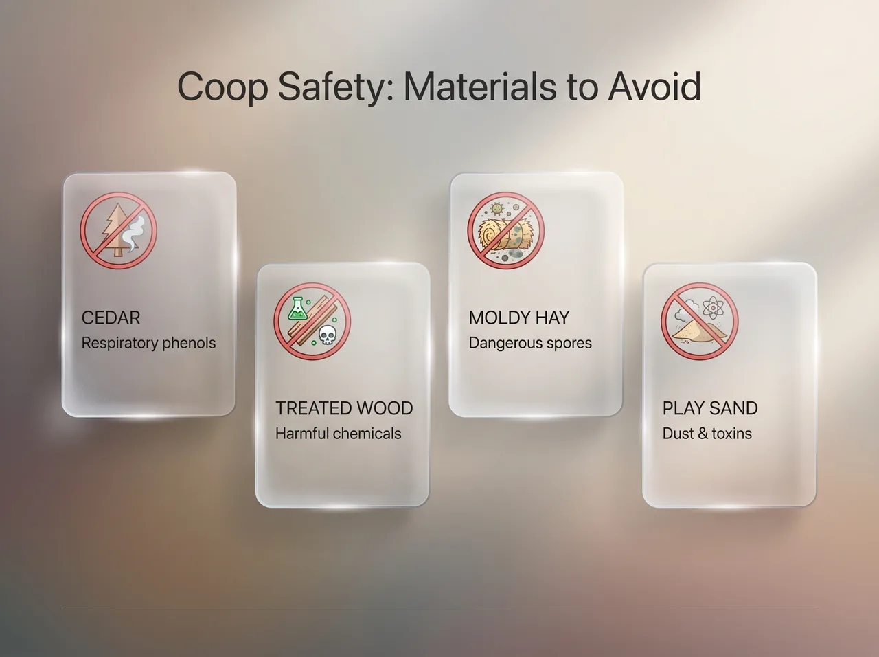 Safety infographic of four bedding materials to avoid in a chicken coop — cedar, treated wood, moldy hay, and play sand