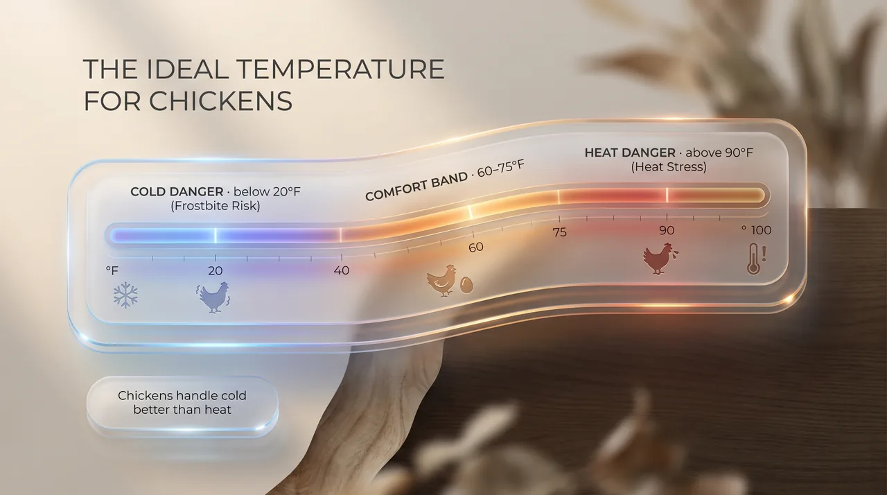 Temperature gauge infographic showing chickens’ comfort band of 60–75°F between cold-danger below 20°F and heat-danger above 90°F